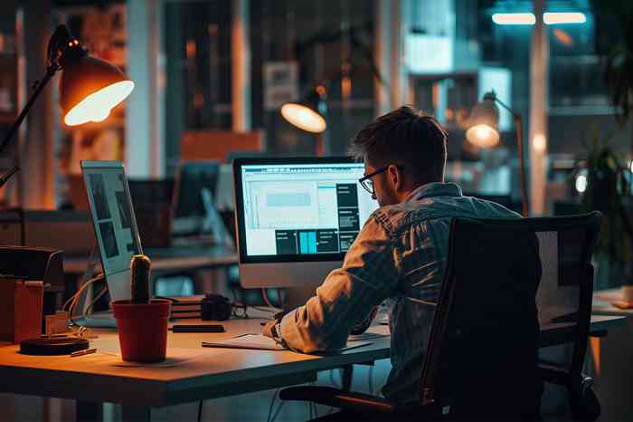 Mann sitzt an seinem Arbeitsplatz mit zwei Bildschirmen  - © BB_Stock - stock.adobe.com